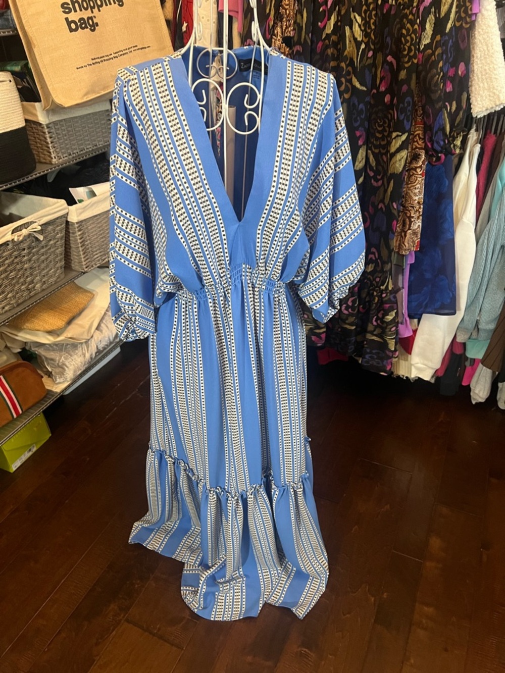 Blue Striped V-Neck Tiered Maxi Dress